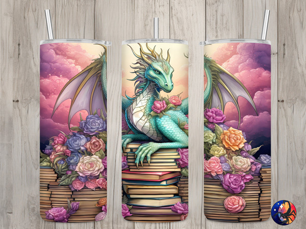 Seamless Fairytale Book Dragon & Roses Design, Dragon 20 oz Skinny Straight Tumbler Sublimation Design, Tumbler Wrap, PNG Digital Download 1.jpg