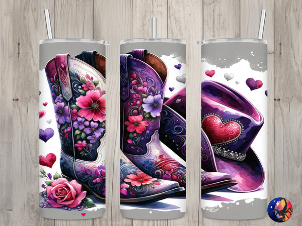 Seamless Floral Cowgirl Boots & Hat Design, Valentine's 20 oz Skinny Straight Tumbler Sublimation Design, Tumbler Wrap, PNG Digital Download.jpg