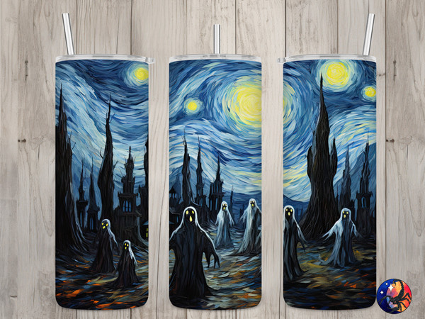 Seamless Starry Night Spooky Ghosts Design, Halloween 20 oz Skinny Straight Tumbler Sublimation Design, Tumbler Wrap, PNG Digital Download.jpg