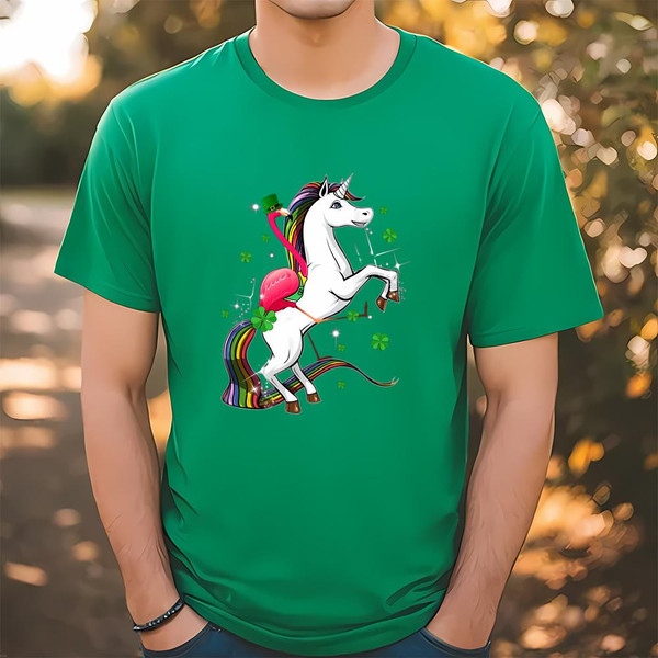 Flamingo Riding Unicorn St Patricks Day Irish T-Shirt .jpg