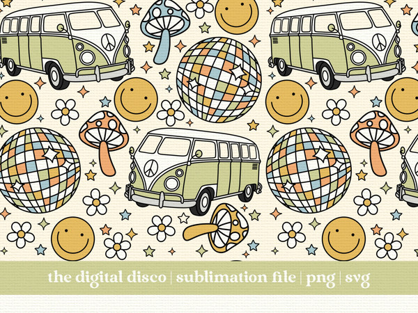 Groovy Road Trip Seamless Pattern for Fabric PNG, Sublimation File  Retro Smiley Face, Disco Ball, Trendy T-Shirt Design.jpg