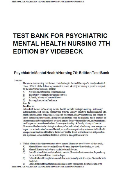 Latest 2023 Psychiatric Mental Health Nursing 7th Edition Videbeck Test bank  All Chapters (1).JPG