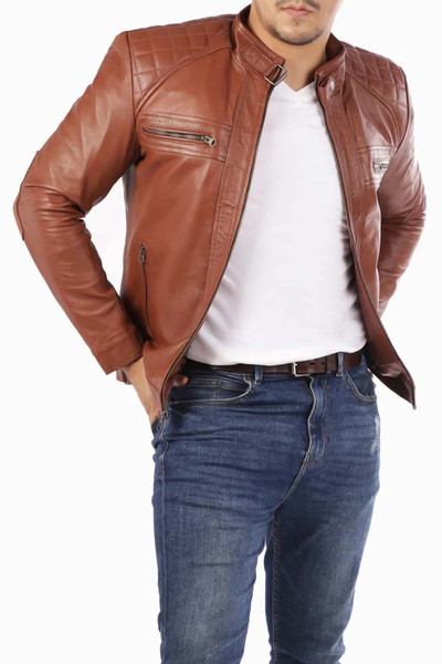 Men's Casual Signature Diamond Lambskin Leather Jacket-Tan_4.jpg