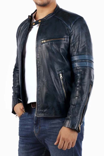 Cafe Racer Genuine Lambskin Leather Jacket-Blue_1.jpg