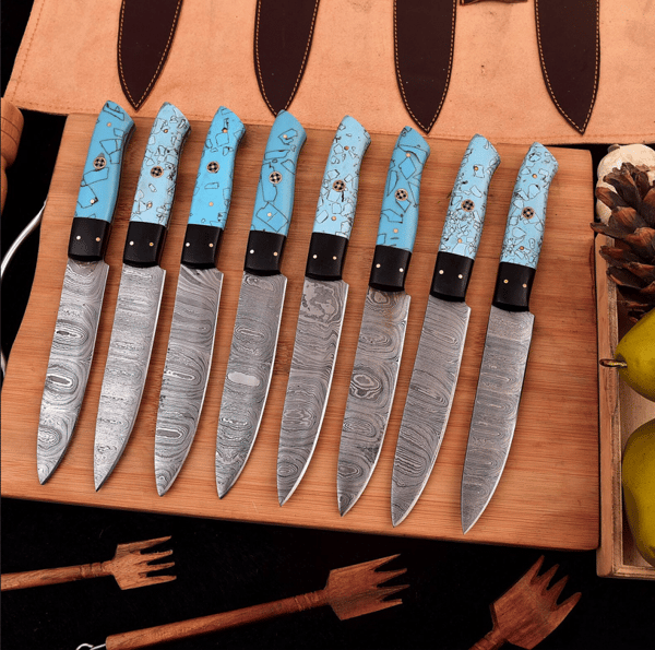 Handmade kitchen knives 8 piece Steak Knives, HandForge chef knives, BBQ knives, best gift for him and her, Christmas Gift (1).PNG