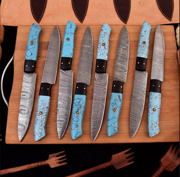 Handmade kitchen knives 8 piece Steak Knives, HandForge chef knives, BBQ knives, best gift for him and her, Christmas Gift (2).PNG