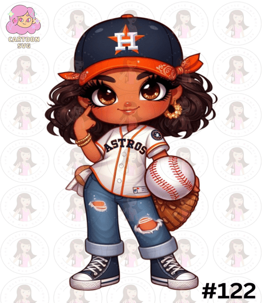 Cartoon Girl Baseball Fan Astros With Cap Brown Hair Brown Eyes PNG Sublimation Digital Design Download DTF Print.jpg