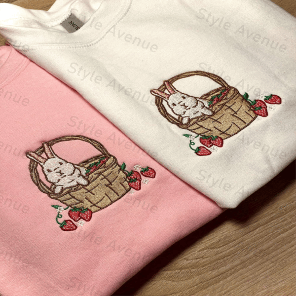 Strawberry Basket Bunny Embroidered Sweatshirt 2D Crewneck Sweatshirt For Men And Women.jpg