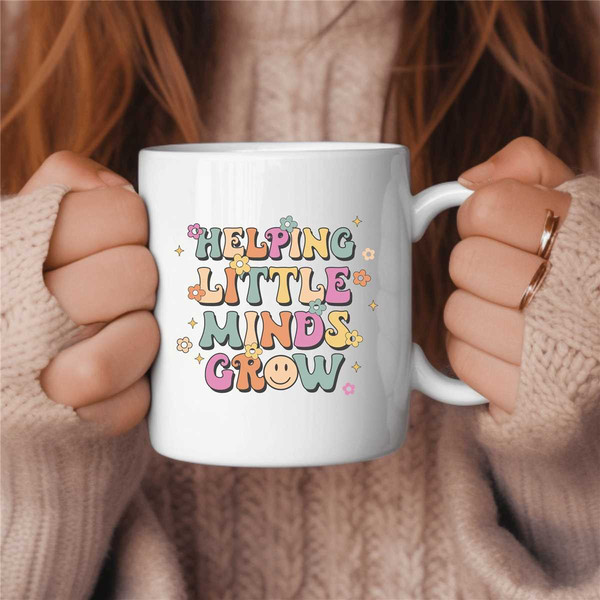 Helping Little Minds Grow Retro Groovy Teacher Coffee Mug, Middle School Teacher Gift, Elementary Teacher Gift, Cute Tea.jpg