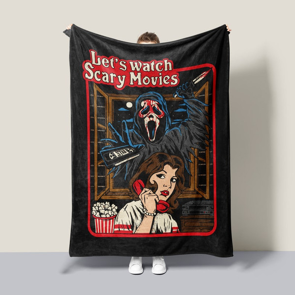 Scream Movie Fleece Blanket, Let's Watch Scary Movies Sherpa or Fleece, Funny Horror Film Throw Blanket, Retro Ghostface Illustration1.jpg