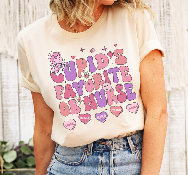 Cupid's Favorite OB Nurse Shirt, Valentines Day Baby Catcher Groovy Tee, Retro Candy Hearts Mom Shirt, Postpartum Nurse Obgyn Doula Y2K Gift.jpg