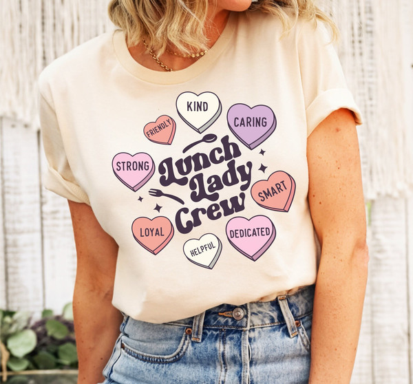 Groovy Lunch Lady Valentines Day Tee, Retro Candy Heart Crew TShirt, Cafeteria Squad Shirt, School Staff Matching Shirt, Retired Worker Gift.jpg