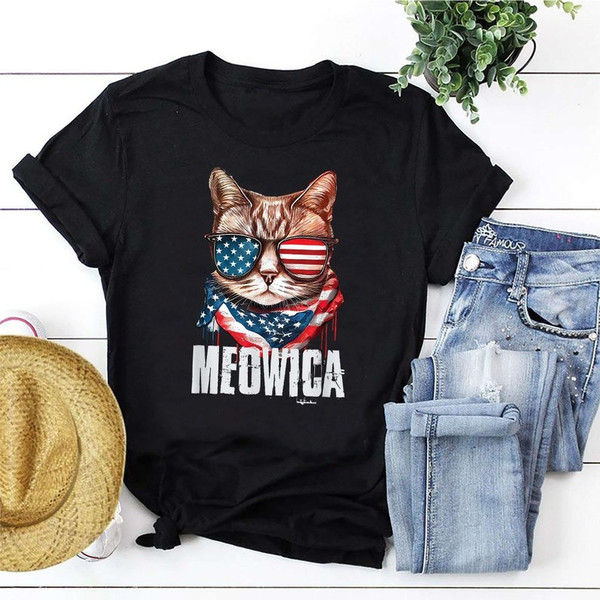 Ameowica American T-Shirt, Cat Wearing US Flag Glasses Scarf Print Shirt,For 4th Of July Independence Day, Cat Lovers.jpg