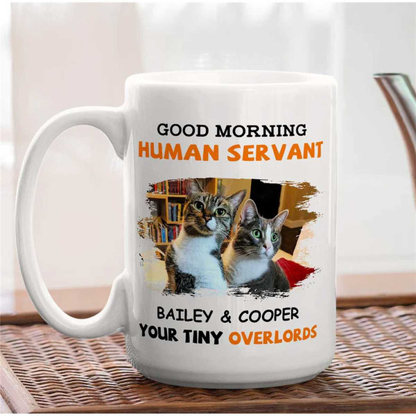 Personalized Cats Photo Mug, Good Morning Human Servant Your Tiny Overlord Cat Mug, Custom Cats Name Mug, Cat Owner Mug,.jpg