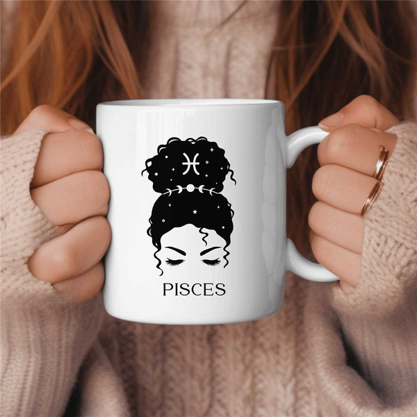 Pisces Coffee Mug, Messy Bun Zodiac Birthday Gift for Her, Horoscope Ceramic Mug.jpg