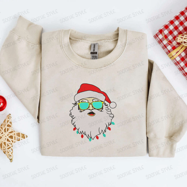 Embroidered Retro Santa Sweatshirt, Santa with Sunglasses Sweatshirt For Family.jpg