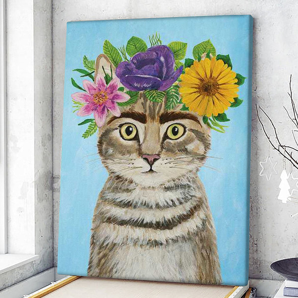 Cat Portrait Canvas - Cat With Flowers - Canvas Print - Cat Wall Art Canvas - Canvas With Cats On It - Cats Canvas Print - Furlidays.jpg