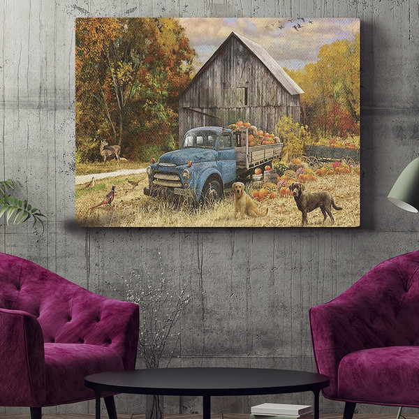 Dog Landscape Canvas - Fall Truck And Barn - Canvas Print - Dog Wall Art Canvas - Dog Poster Printing - Dog Canvas Art - Furlidays.jpg