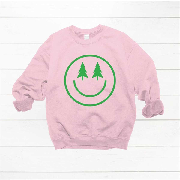 Green Smiley Face Christmas Sweatshirt, Christmas Smiley Face Crewneck, Christmas Tree Sweatshirt, Retro Holiday Crewnec.jpg