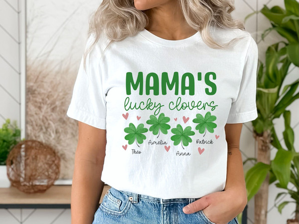 Personalized Mom Shirt for St Patrick's Day, Personalized Mother's Day Gift, Nature Themed Customizable Lucky Clover Tee, Custom Mama Shirt.jpg