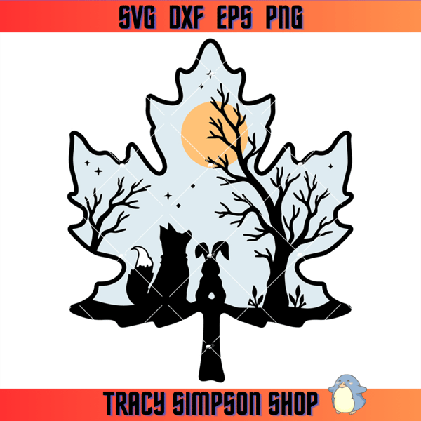 Fox and Rabbit Under Moon Svg, Maple Leaf Svg, Autumn.jpg