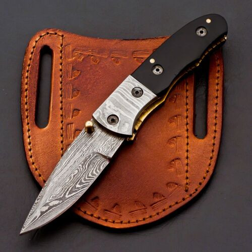 Custom Handmade Damascus Folding Knife Pocket knife w Leather EDC Gift for him (1).jpg