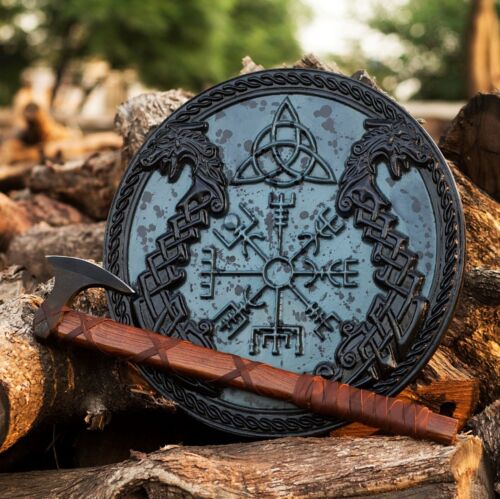 Medieval Wooden Viking Shield w Axe Round 24 Inch Handmade Warrior Shield Armor (1).jpg