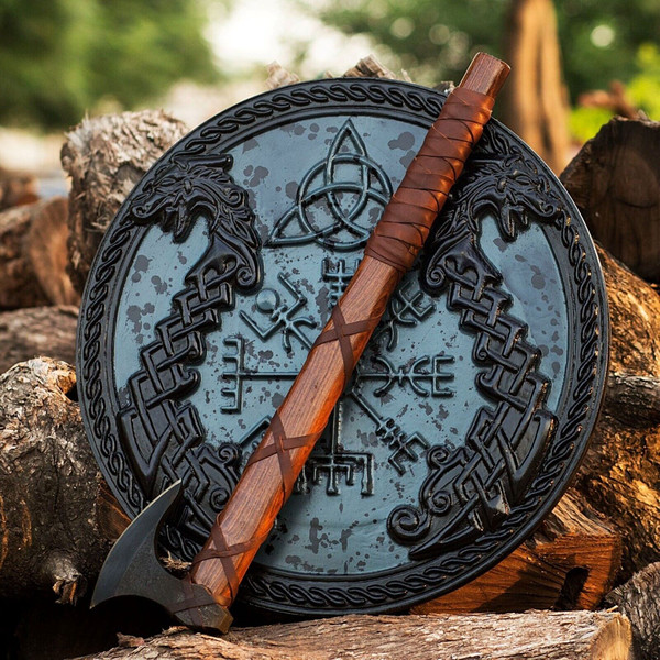 Medieval Wooden Viking Shield w Axe Round 24 Inch Handmade Warrior Shield Armor (3).jpg