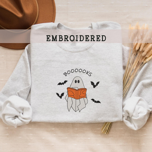 Embroidered Booooks Sweatshirt, Librarian Sweatshirt, Funny Halloween Book Sweatshirt, Ghost Reading Crewneck, Book Lovers Halloween Gift,.jpg