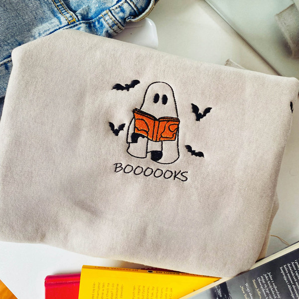 Embroidered Booooks Sweatshirt, Librarian Sweatshirt, Halloween Book Sweatshirt, Ghost Reading Crewneck, Book Lovers Halloween Gift.jpg