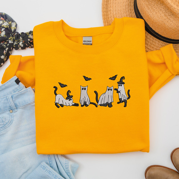 Embroidered Cats Ghost Sweatshirt, Fall Sweatshirt, Ghost Crewneck, Cat Lovers Halloween Sweatshirt, Spooky Season, Gift For Her, Funny Cat.jpg