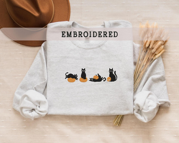 Embroidered Cats Sweatshirt, Fall Sweatshirt, Ghost Crewneck, Cat Lovers Halloween Sweatshirt, Spooky Season, Gift For Her, Funny Cat.jpg