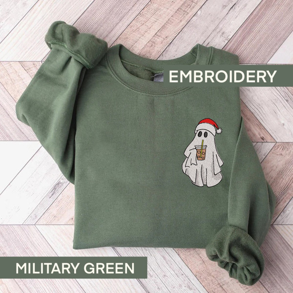 Embroidered Christmas Ghost Sweatshirt, Ghost With Coffee Sweatshirt, Funny Embroidered Crewneck, Gift For Coffee Lovers, Xmas Pullover.jpg