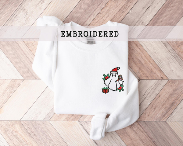 Embroidered Christmas Ghost Sweatshirt, Ghost With Present, Funny Embroidered Crewneck, Embroidery Xmas Pullover, Winter Sweatshirt.jpg