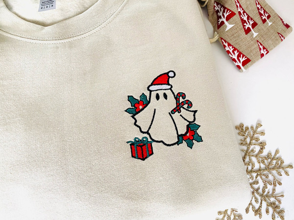 Embroidered Christmas Ghost Sweatshirt, Ghost With Present, Funny Embroidered Crewneck, Embroidery Xmas Gift For Her, Winter Sweatshirt.jpg