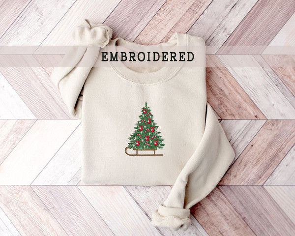 Embroidered Christmas Tree Sweatshirt, Holiday Sweatshirt, Winter Sweater, Merry Christmas Santa Gift Sweatshirt, Christmas Tree on Sleigh.jpg