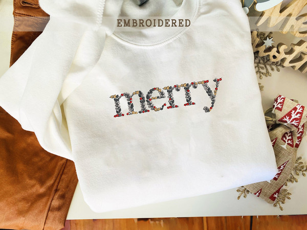 Embroidered Floral Merry Christmas Sweatshirt, Family Xmas Crewneck, Embroidered Christmas Pullover, Embroidered Xmas Gift.jpg