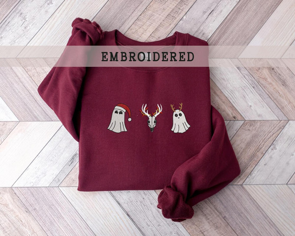 Embroidered Funny Christmas Ghost Sweatshirt, Cute Sweatshirt, Christmas Ghost Cat Sweatshirt, Embroidered Holiday Sweatshirt, Xmas Gift.jpg