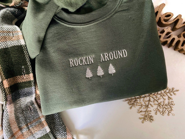 Embroidered Rockin Around Sweatshirt, Holiday Sweatshirt, embroider Christmas Tree, Gift For Her, Minimal Merry Xmas Crew, winter Sweater.jpg