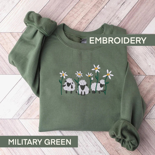Embroidered Sheep with Daisy Sweatshirt, Sheep Sweater, Animal Lover Gift, Womens Crewneck Sweatshirt, Daisy Crewneck, Farm Animals Shirt,.jpg