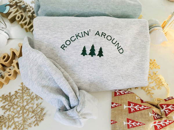 Rockin Around The Christmas Tree Sweatshirt, Embroidered Merry Christmas Crewneck, Minimal Christmas Gift, Embroidered Christmas Tree, 1.jpg