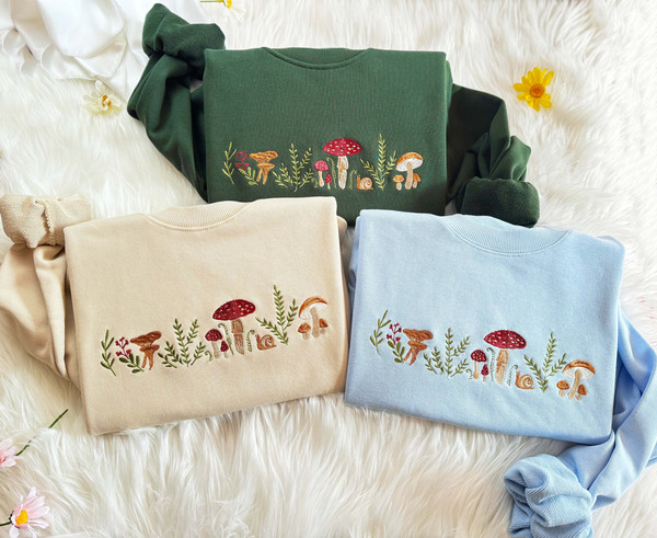 Embroidered Mushroom Sweatshirt  Botany Embroidered Hoodie  Cottage Core Embroidery T-shirt  Embroidered Mushroom Crew Neck Sweatshirt.jpg