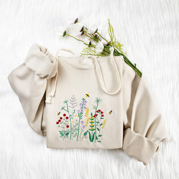 Wildflower With Honey Bee Embroidered Sweatshirt  Flower With Bee Embroidered Hoodie  Honey Bee T-shirt  Flower Crew Neck Sweatshirt.jpg