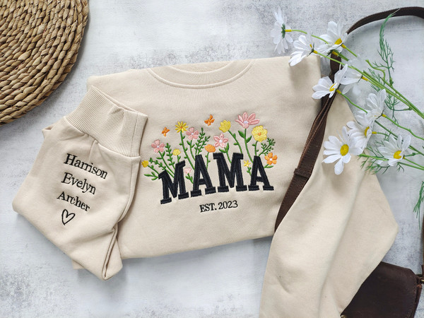 Custom Mama Embroidered Floral Sweatshirt,Custom Mama Crewneck With Kids Names, Heart On Sleeve, Gift For New Mom, Mother's Day Gift.jpg