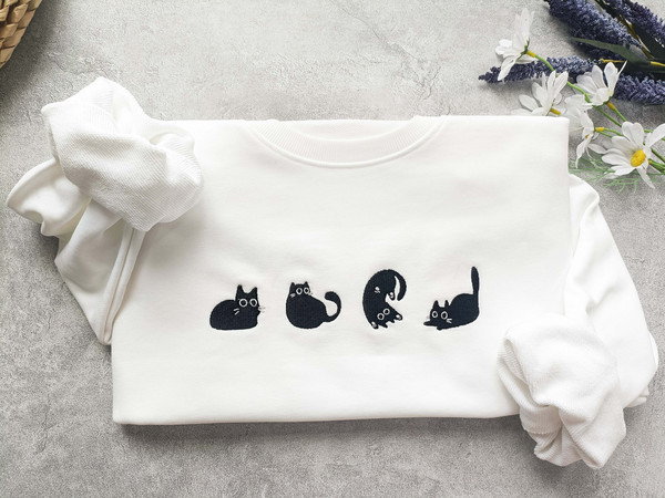 Lovely Black Cat Embroidered Sweatshirt,Embroidered Crewneck Sweatshirt,Holiday Gifts,Gifts For Her,Gift for Cat Lover.jpg