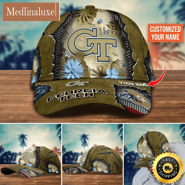 NCAA Georgia Tech Yellow Jackets Baseball Cap Flag Flower Custom Name Cap.jpg