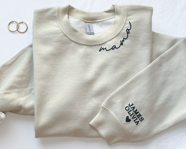 Personalized Mama Sweatshirt with Kid Names on Sleeve, Mothers Day Gift, Birthday Gift for Mom, New Mom Gift, Minimalist Neckline Sweater.jpg