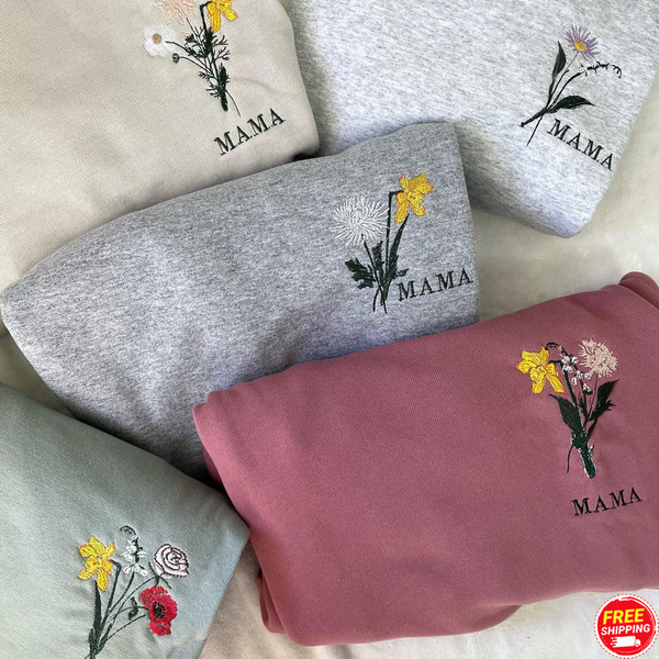 Mama Flower Sweatshirt Embroidered, Personalized Embroidered Flower Mama Sweatshirt with Children's names on Sleeve Sweatshirt, Gift for Mom.jpg