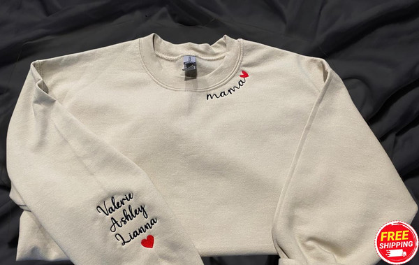 Personalized Embroidered Neck Mama and Sleeve Embroidered Sweatshirt, Embroidered Grandma Crewneck, Grandmother Sweatshirt with Kids Name.jpg