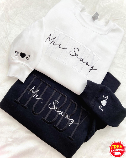 Personalized Embroidered Wife Sweatshirt, Custom Mrs. Embroidered Sweatshirt, Date On Sleeve, Bridal Sweatshirt, Engagement Sweatshirt.jpg